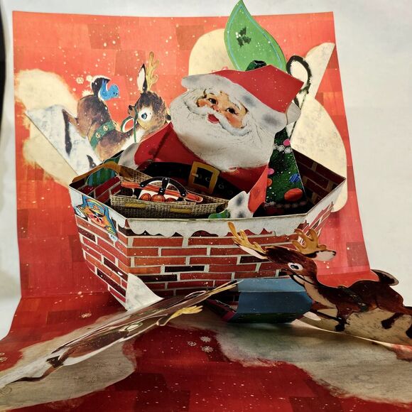 Vintage Hallmark Pop Up Christmas Card Santa Claus, Sleigh Chimney & Reindeer - Picture 13 of 16